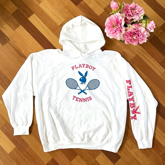 PLAYBOY Tennis Hoodie Unisex SIZE X-LARGE White Navy Logo Hooded Sweatshirt NWT - Picture 1 of 11
